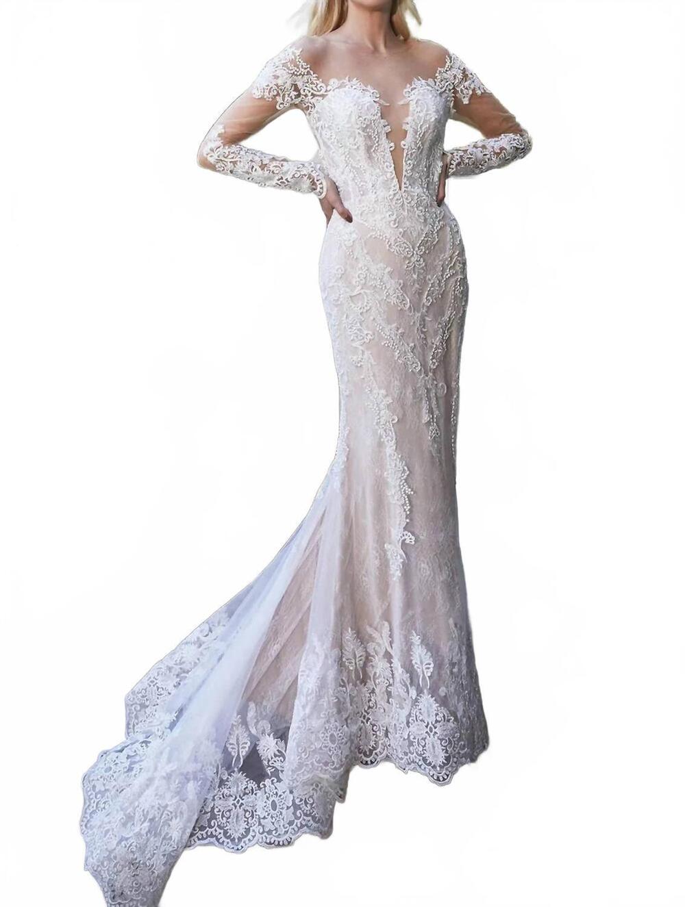 NEW ANDREA & LEO COUTURE alyce bohemian nude illusion lace long sleeve wedding d
